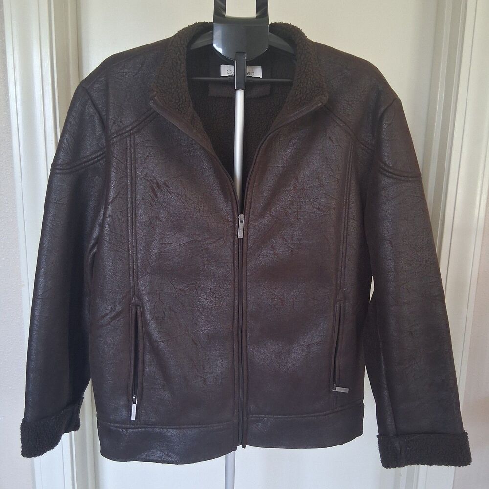 Calvin Klein Faux Leather Aviator Jacket Shearling Lined Dark Brown Size Medium